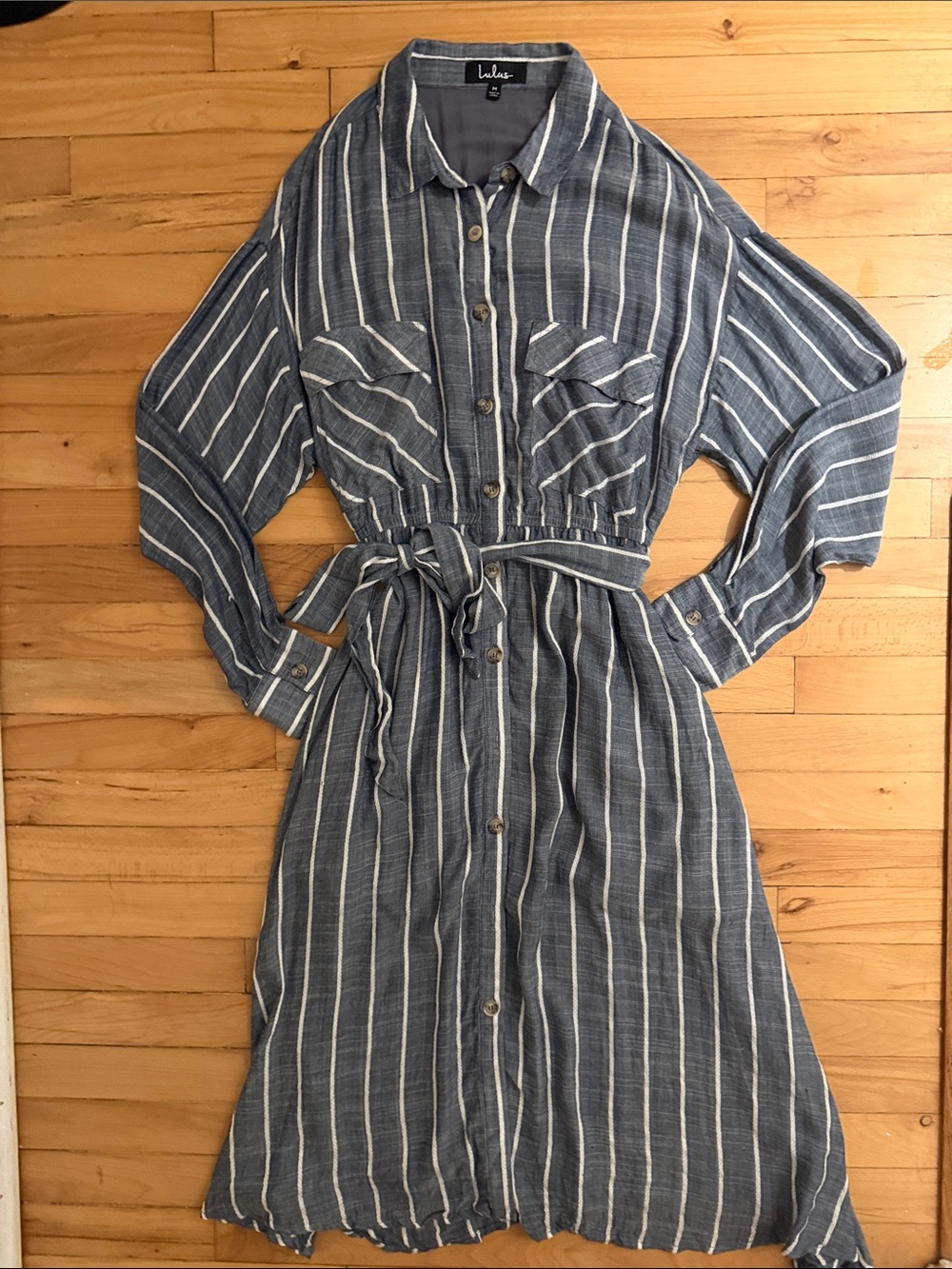 Lulu's Navy Blue & White Striped Midi Shirt Dress with Tie Waist